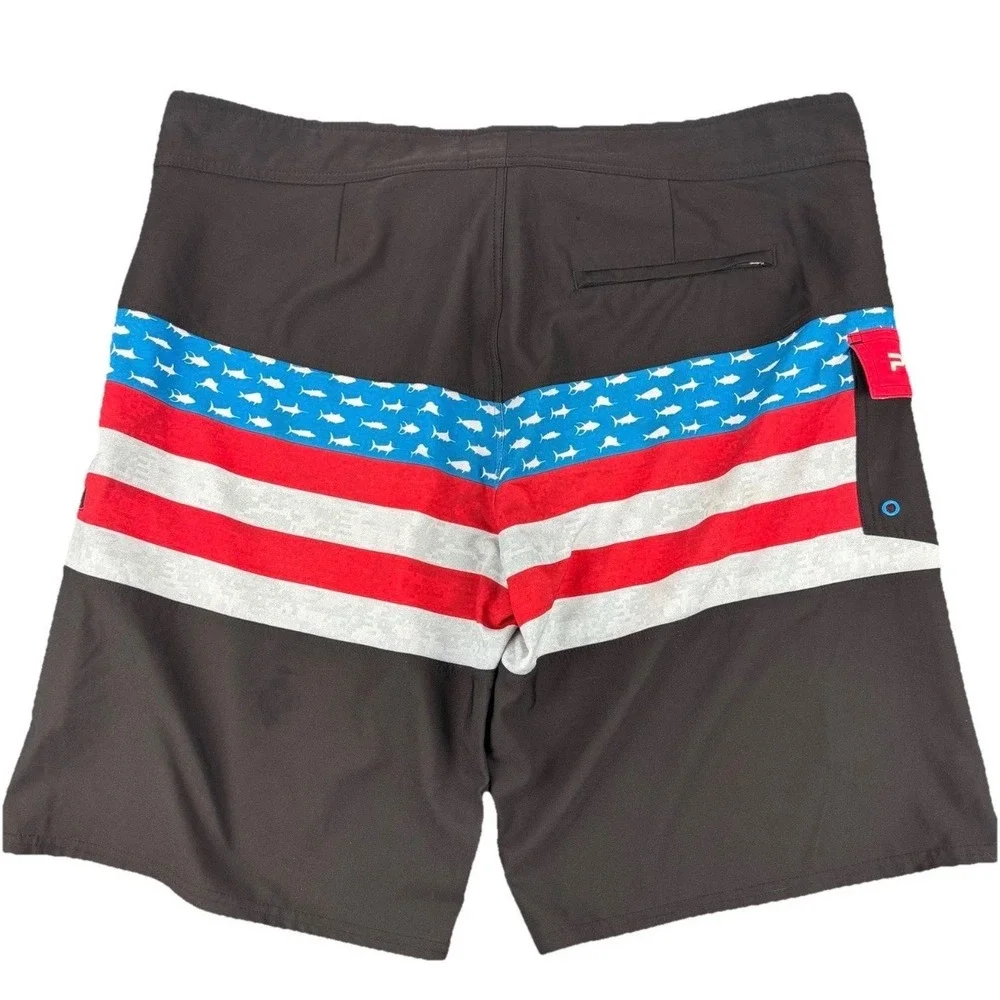 Pelagic Fremont Board Shorts Mens 40 Black American Flag Fish Camo Fishing Swim